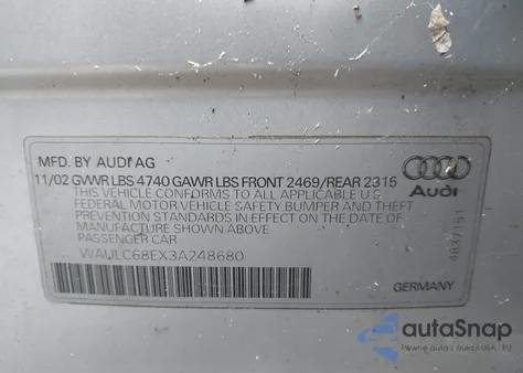 2003 Audi A4 1.8T z USA, uszkodzony, nr VIN WAULC68EX3A248680